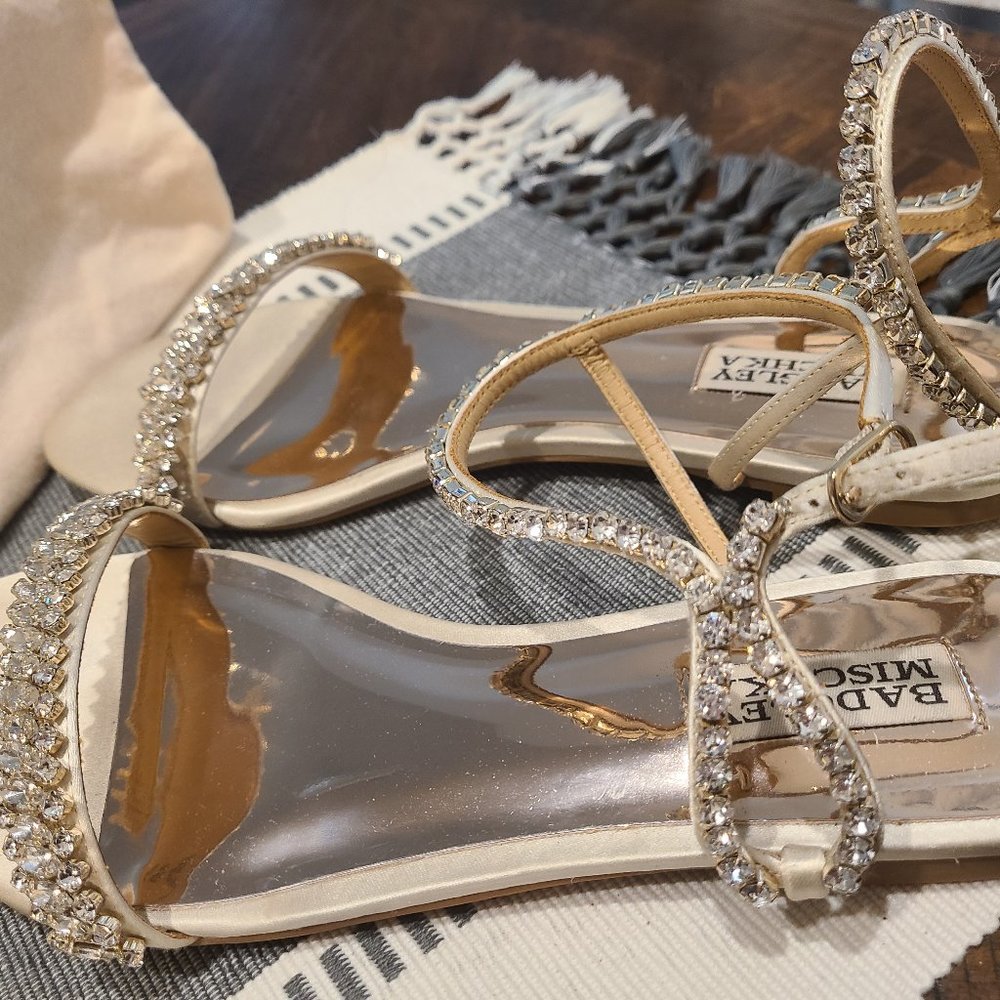 BADGLEY MISCHKA Thora Jeweled Flat Sandal 8.5 - Ivory Satin